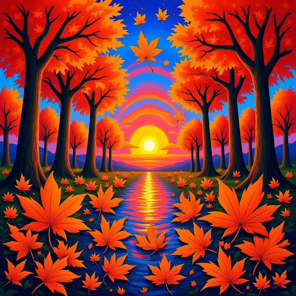 Kaleidoscopic Autumn Sunset Forest Scene
