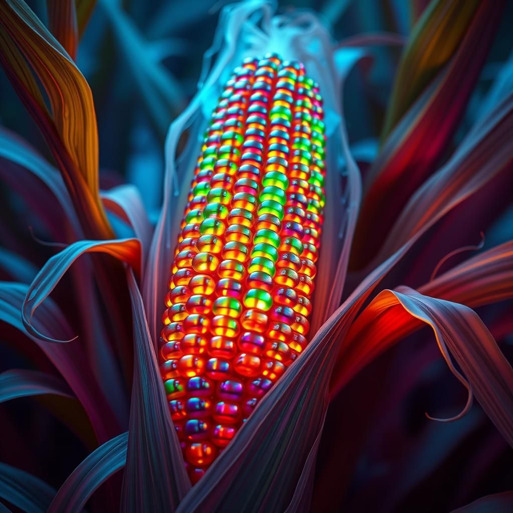 Rainbow Corn: Glassy Grains in Fantasy Landscape