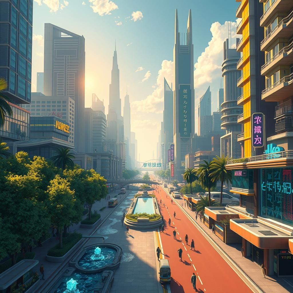 Futuristic Metropolis with Lush Greenery in Impressionistic ...