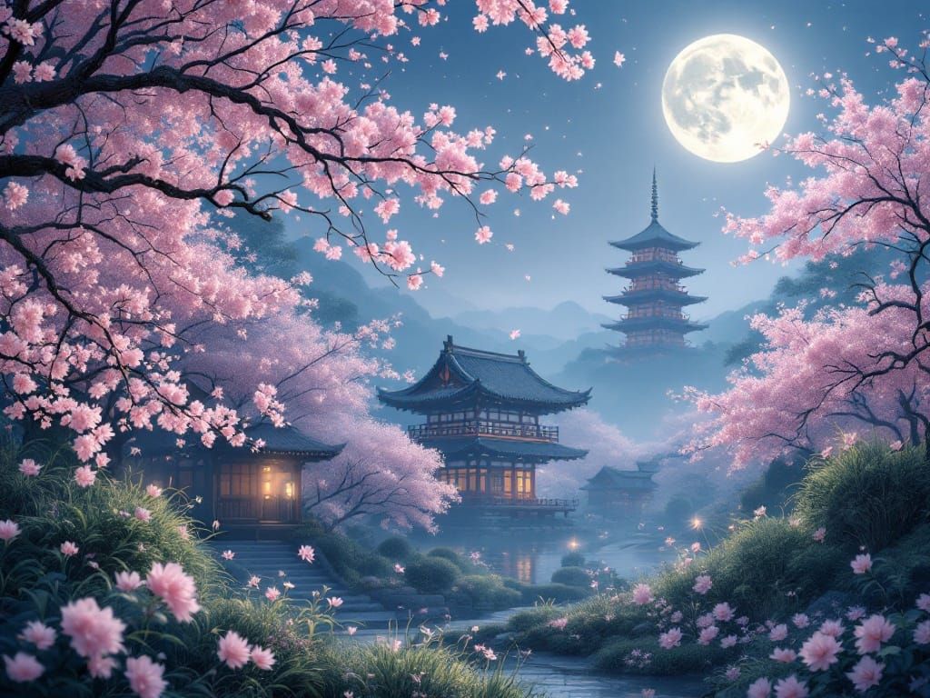 Surreal Moonlit Garden in Ukiyo-e Impressionist Style