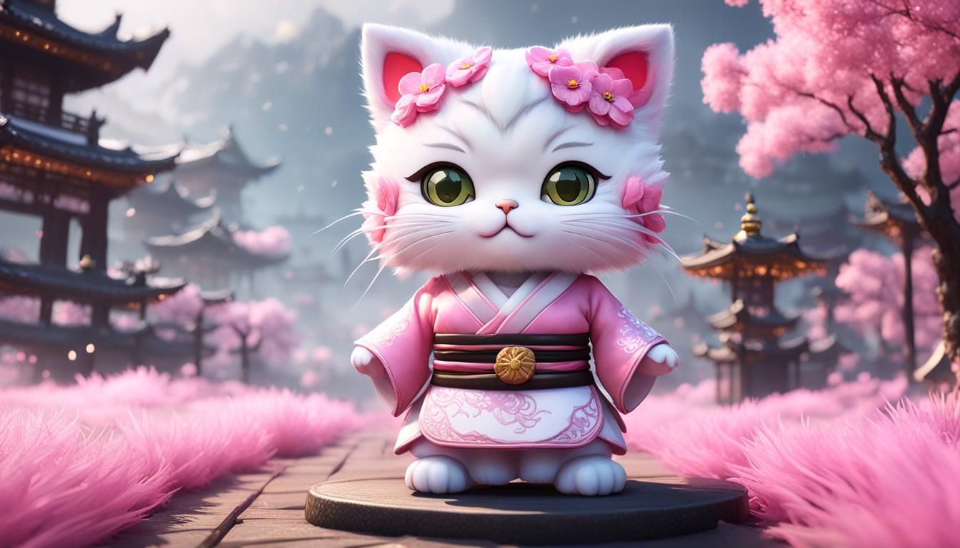 pink fluffy baby chibi kitten in a white geisha costume at easter 3D Game Cinematic Feel, Epic 3D Videogame Graphics, In...