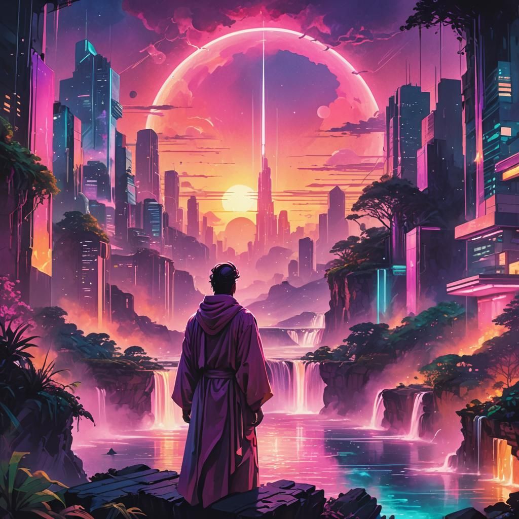 Synthwave Utopia: Neon City in Watercolor Style