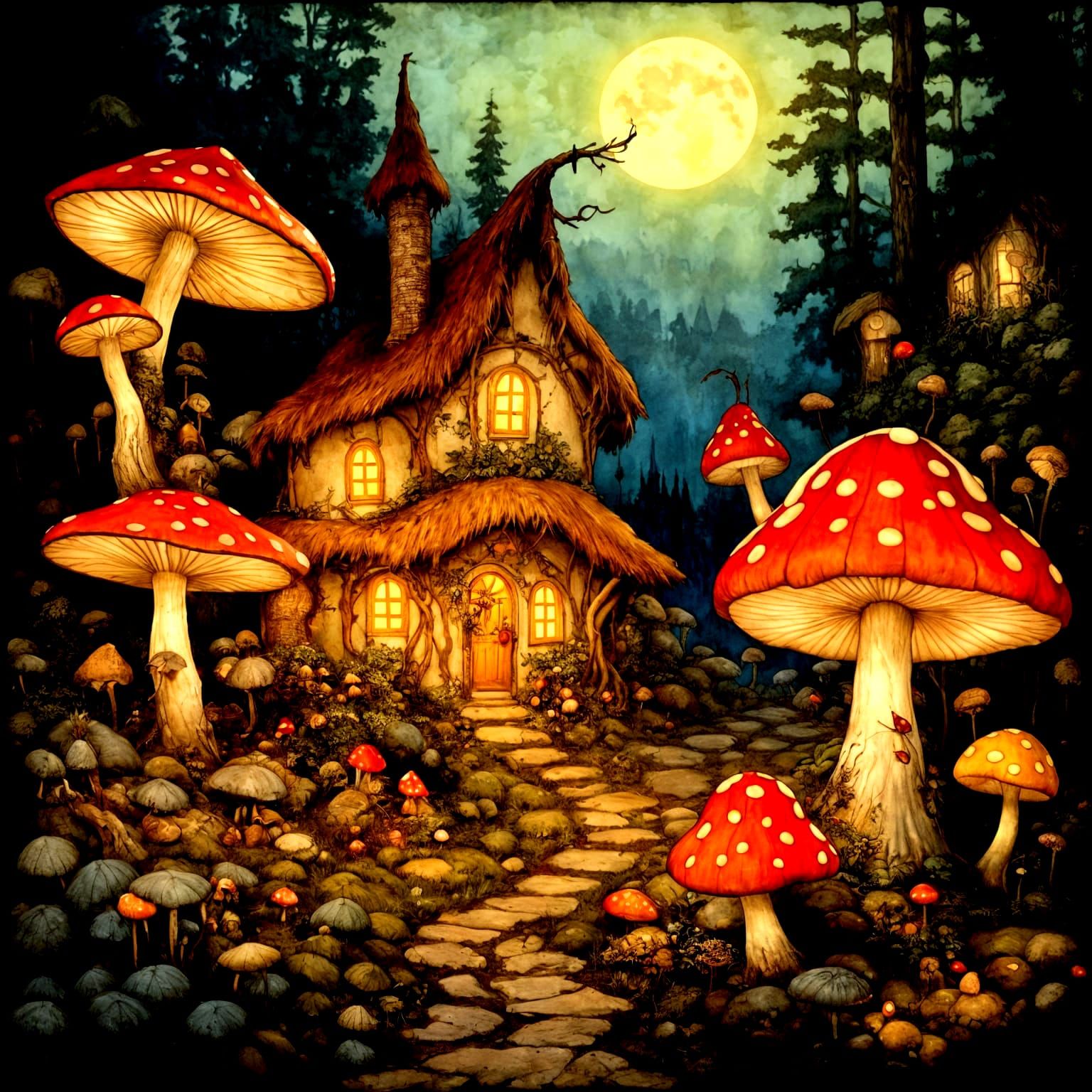 A whimsical faerie village nestled among glowing toadstools....