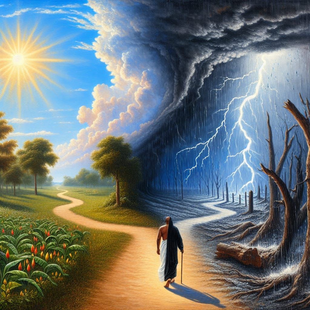Man Walks into Storm in Impressionistic Oil Painting