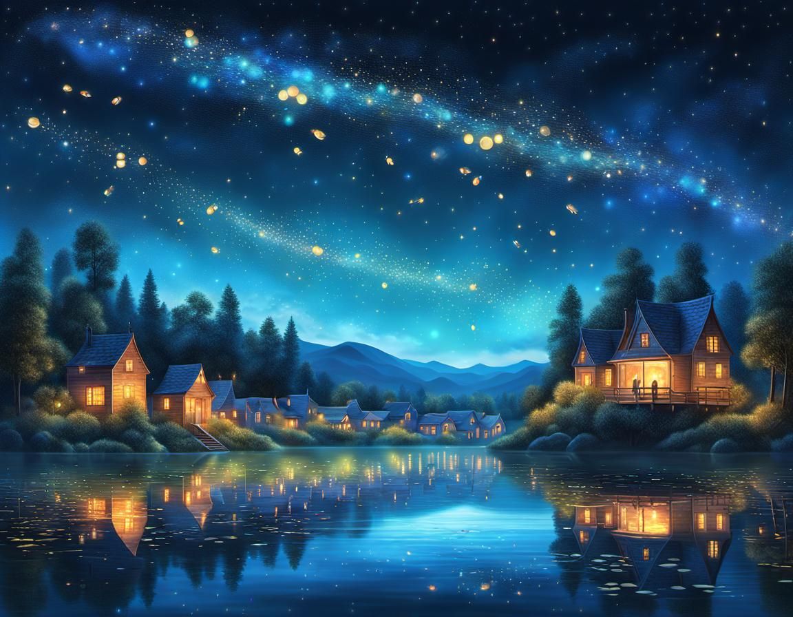 Mystical City Floating Above Serene Lake at Night