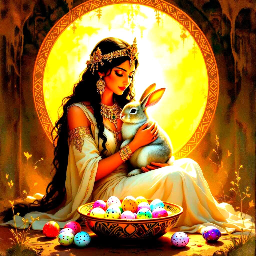Sumerian Goddess Holds Sacred Bunny with Fertile Offering