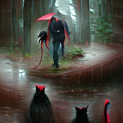 Sinister Rainy Scene: Man, Cat, and Red Umbrella