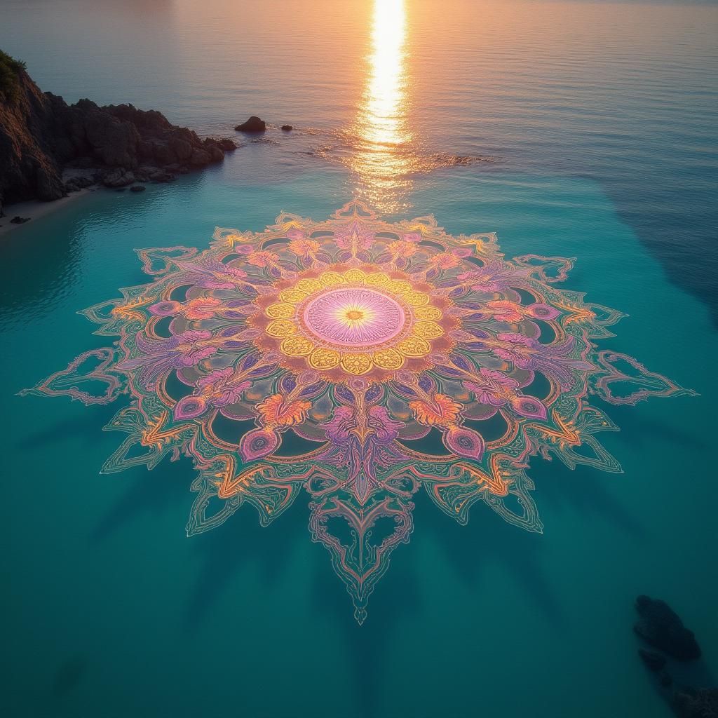 Intricate Mandala on Beach at Sunset