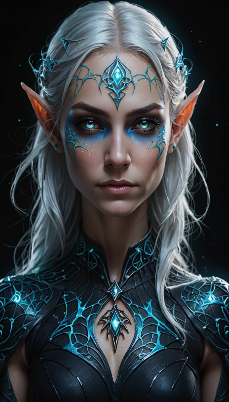 Dark Elf with Bioluminescent Tattoos in Oil Painting Style