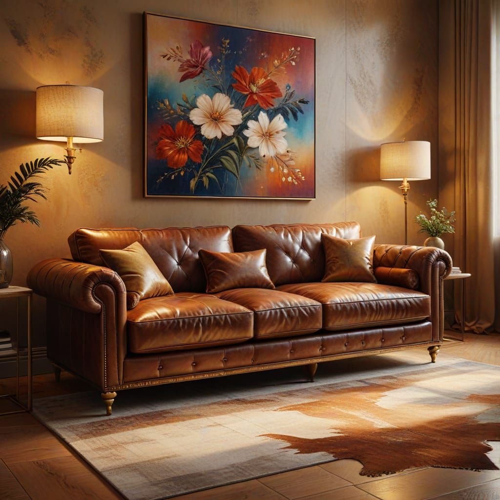 Luxury Leather Couch in Oil Painting Style
