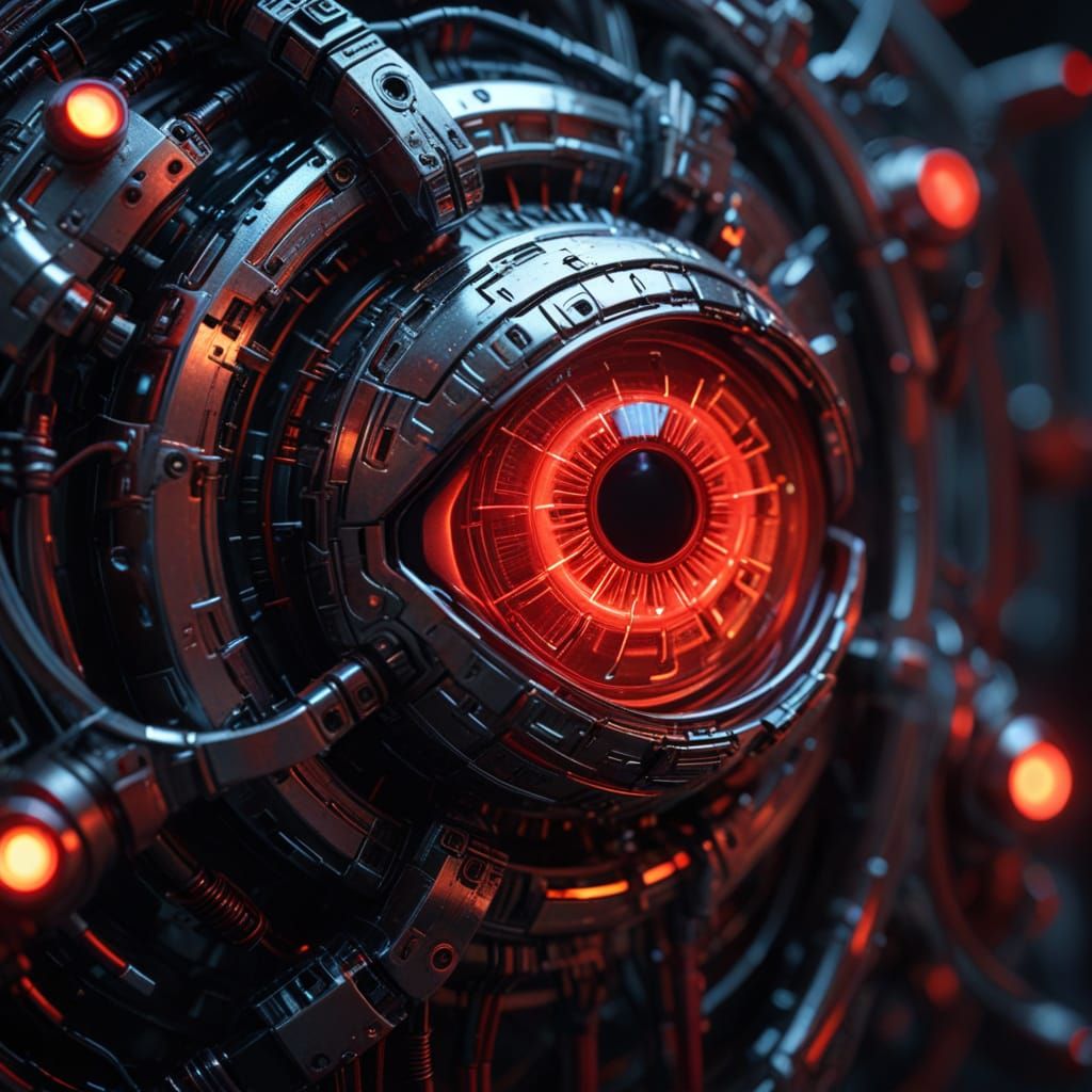 Cyborg Eye Macro with Chrome and Neon Reflections