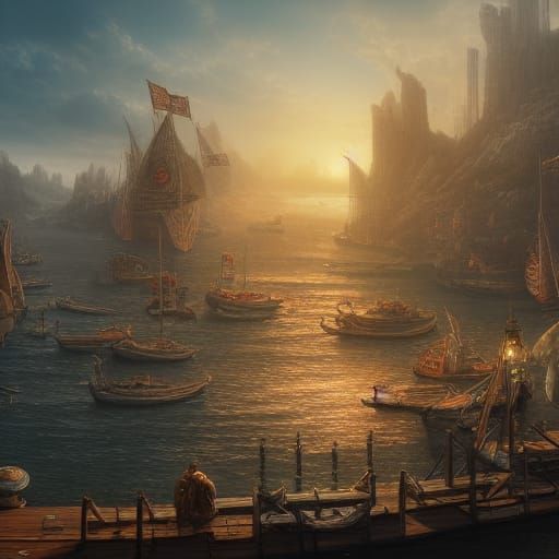 Harbor Dinner in Detailed Matte Painting Style