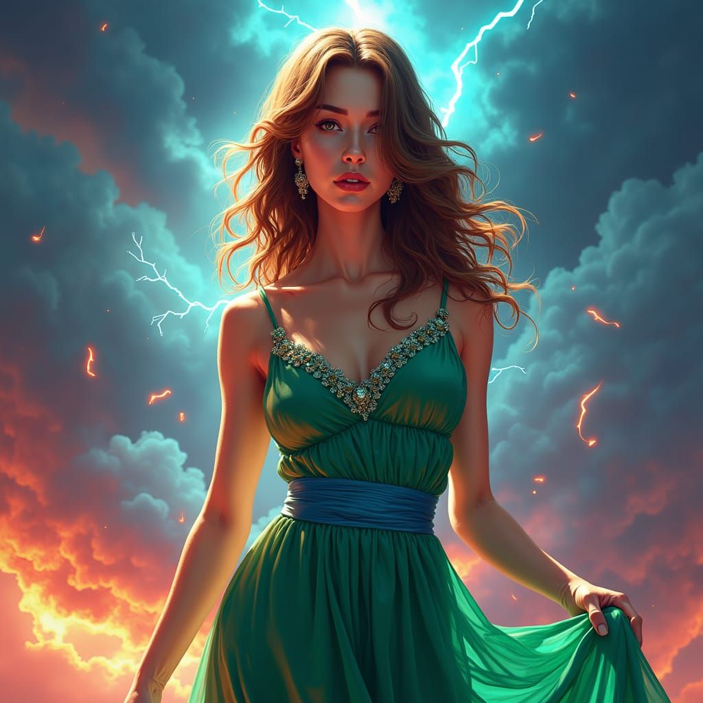Woman in Green Dress: Splash Art in Ash Thorp Style