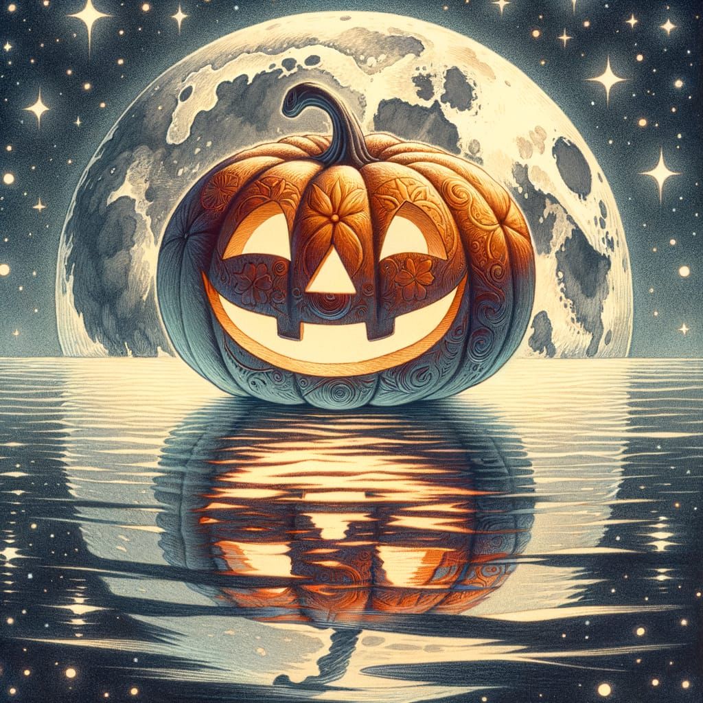 A whimsical Jack-o'-Lantern, with a carved, grinning face, f...