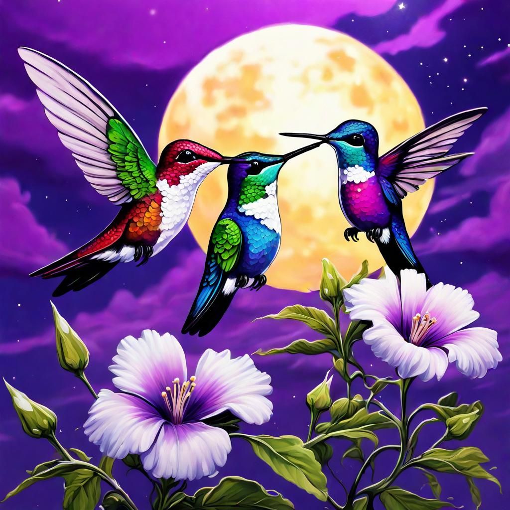 Hummingbirds and Moon in Graffiti Art Style