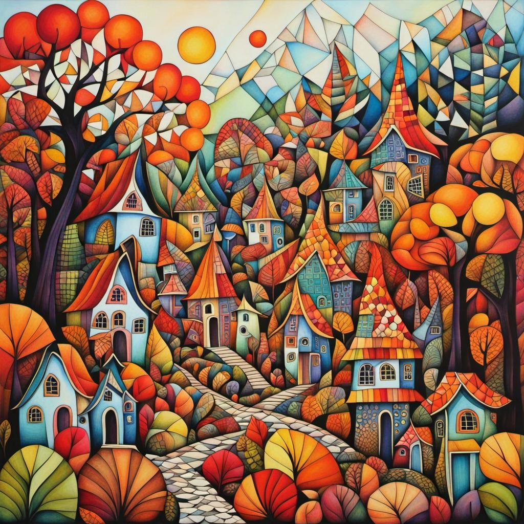 Geometric Autumn Fairy Village in Cubist Zentangle Style
