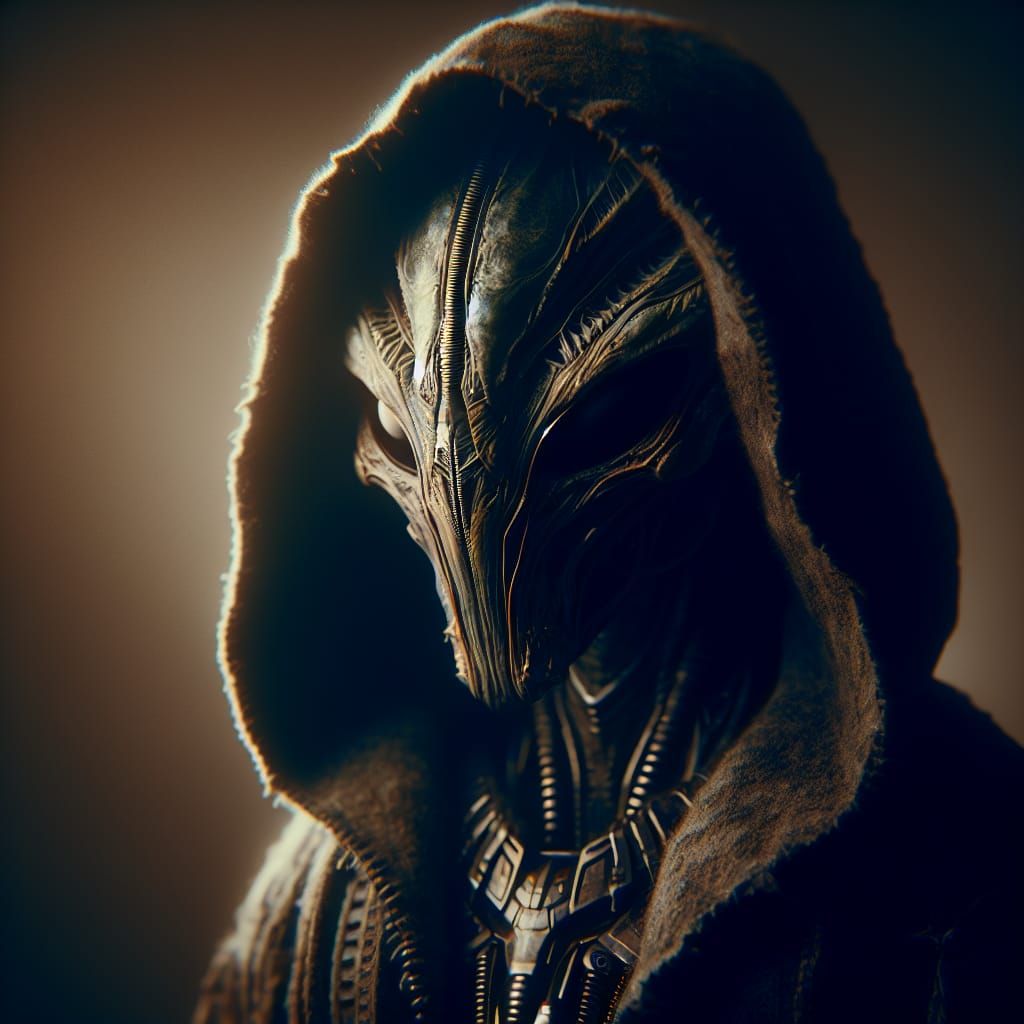 Hyperrealistic Hooded Alien Creature in Sharp Focus