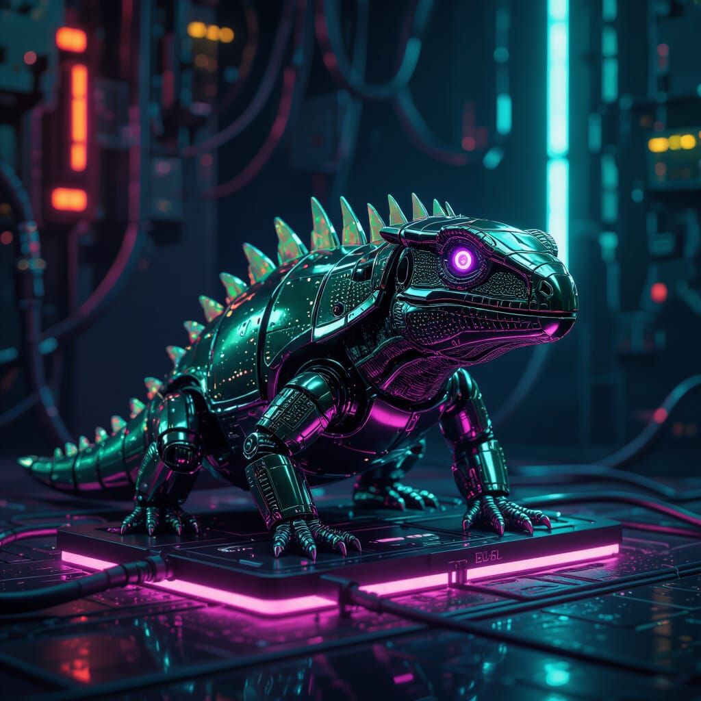 Cyberpunk Robotic Tuatara on Charging Station