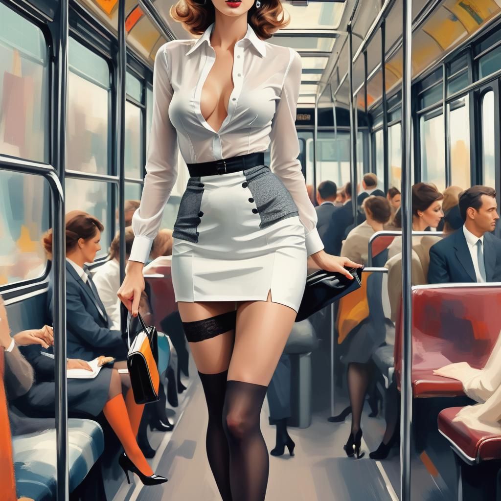 Glamorous French Woman on a Bus in Abstract Art