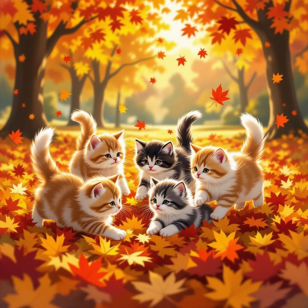 Fluffy Kittens Play in Autumn Leaves