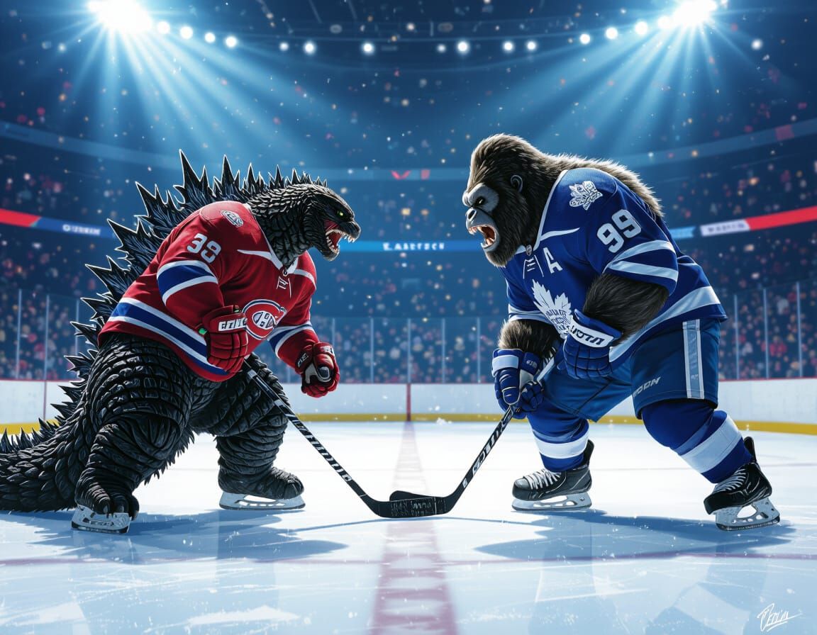 Godzilla vs King Kong Hockey Face-off in Epic Concept Art