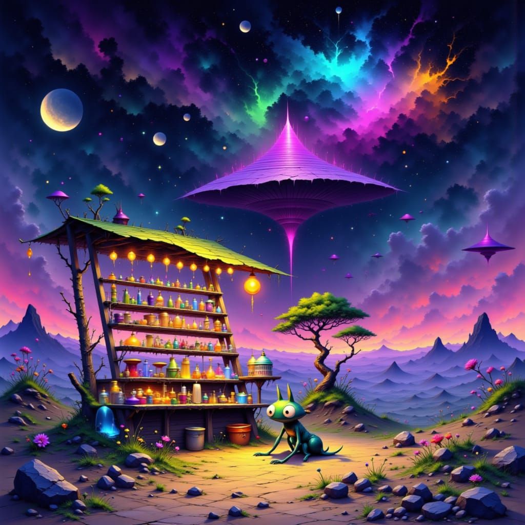 Exotic Farmstand on Alien Planet in CGI Cartoon Style