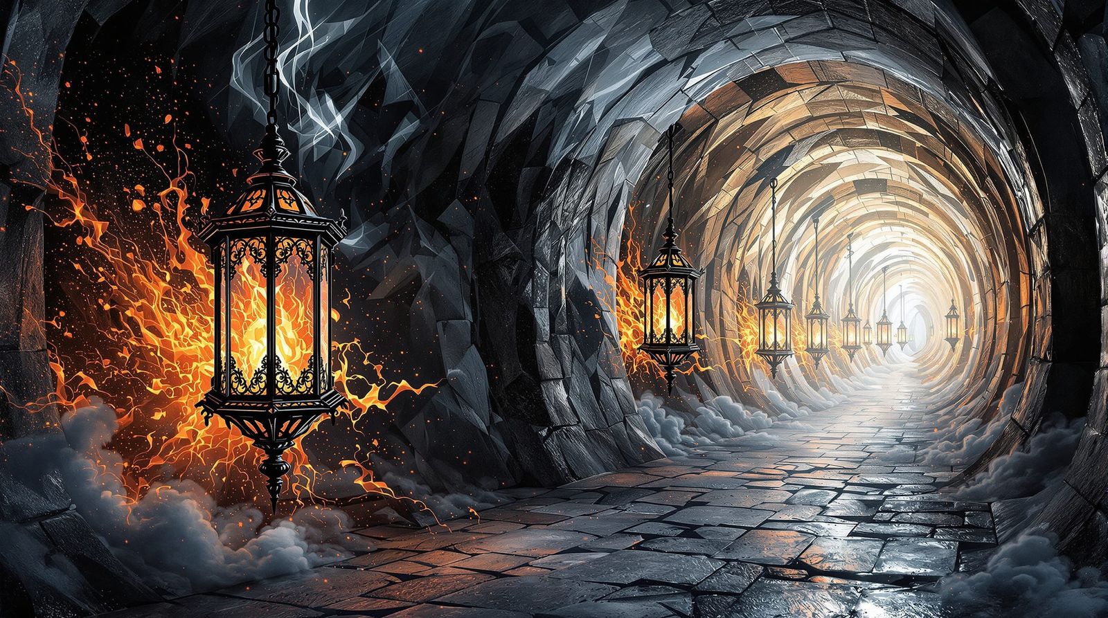 Surreal Lanterns Dissolving in Stone Hallway