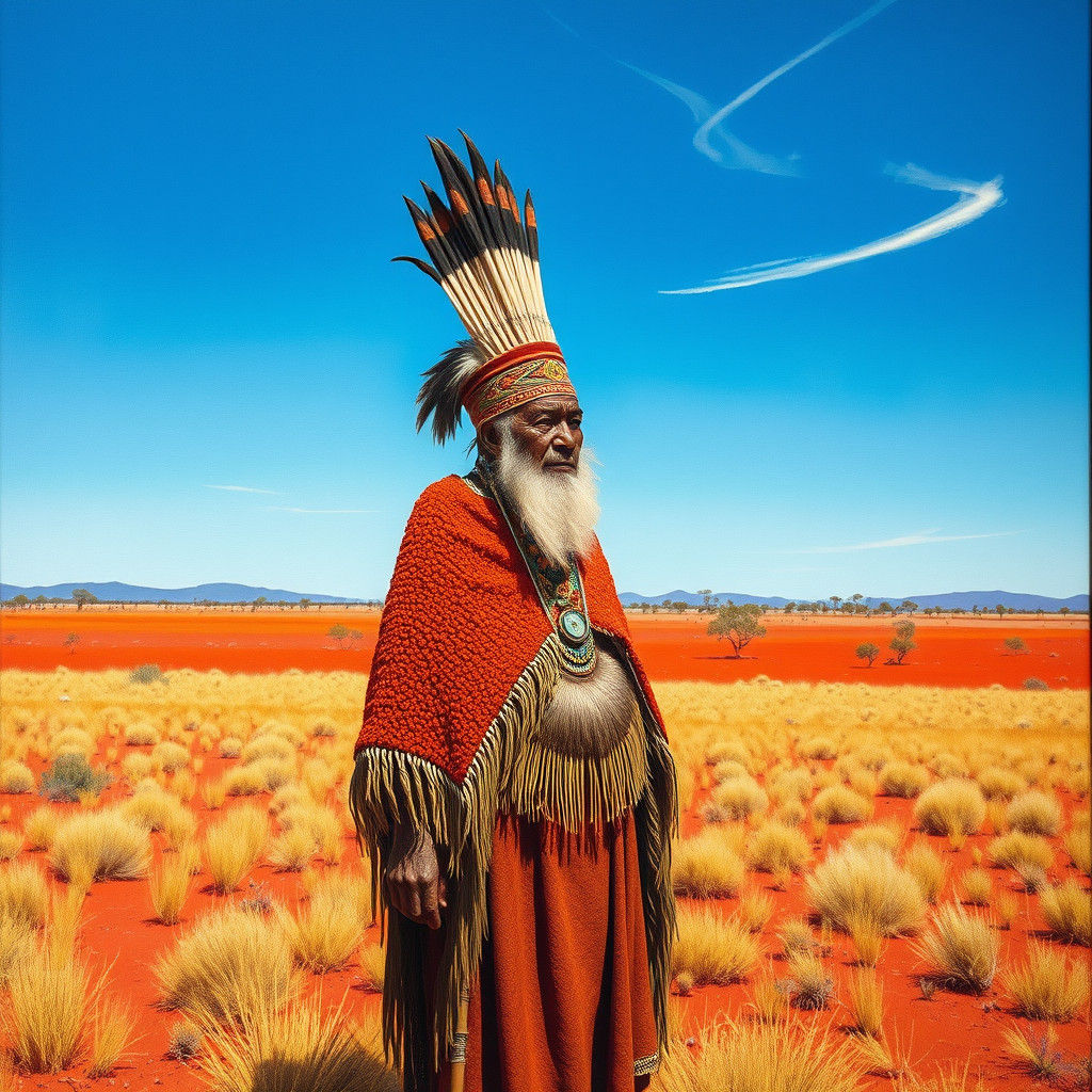 Aboriginal Elder in Outback Landscape, Indigenous Art Style