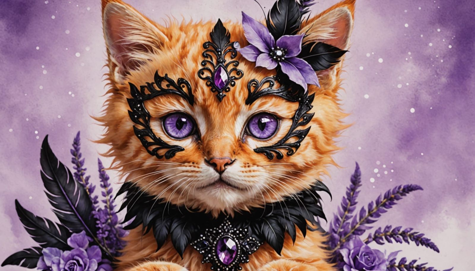 Orange Kitten in Purple Masquerade Mask