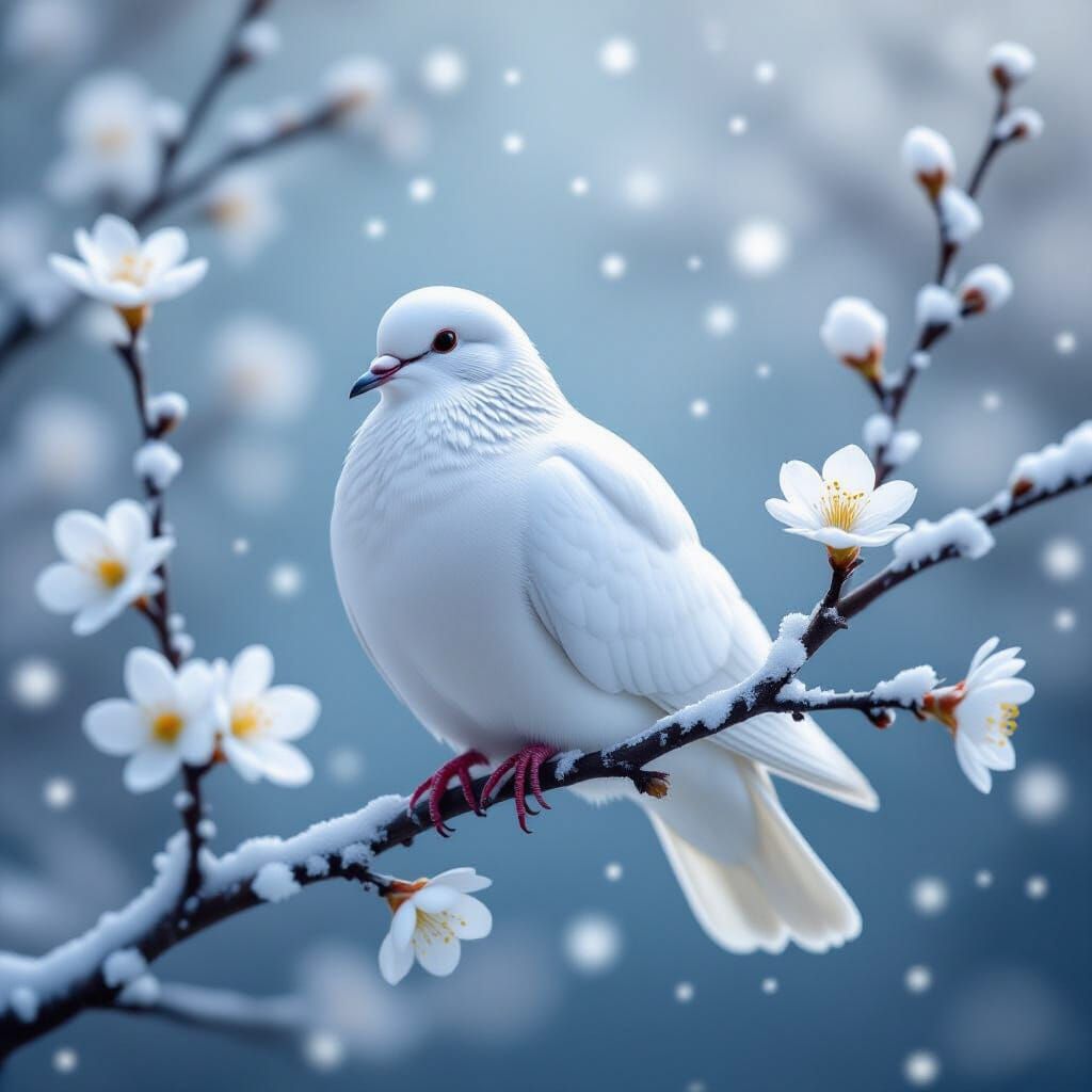 White Dove on Frosty Branch with Snowflakes