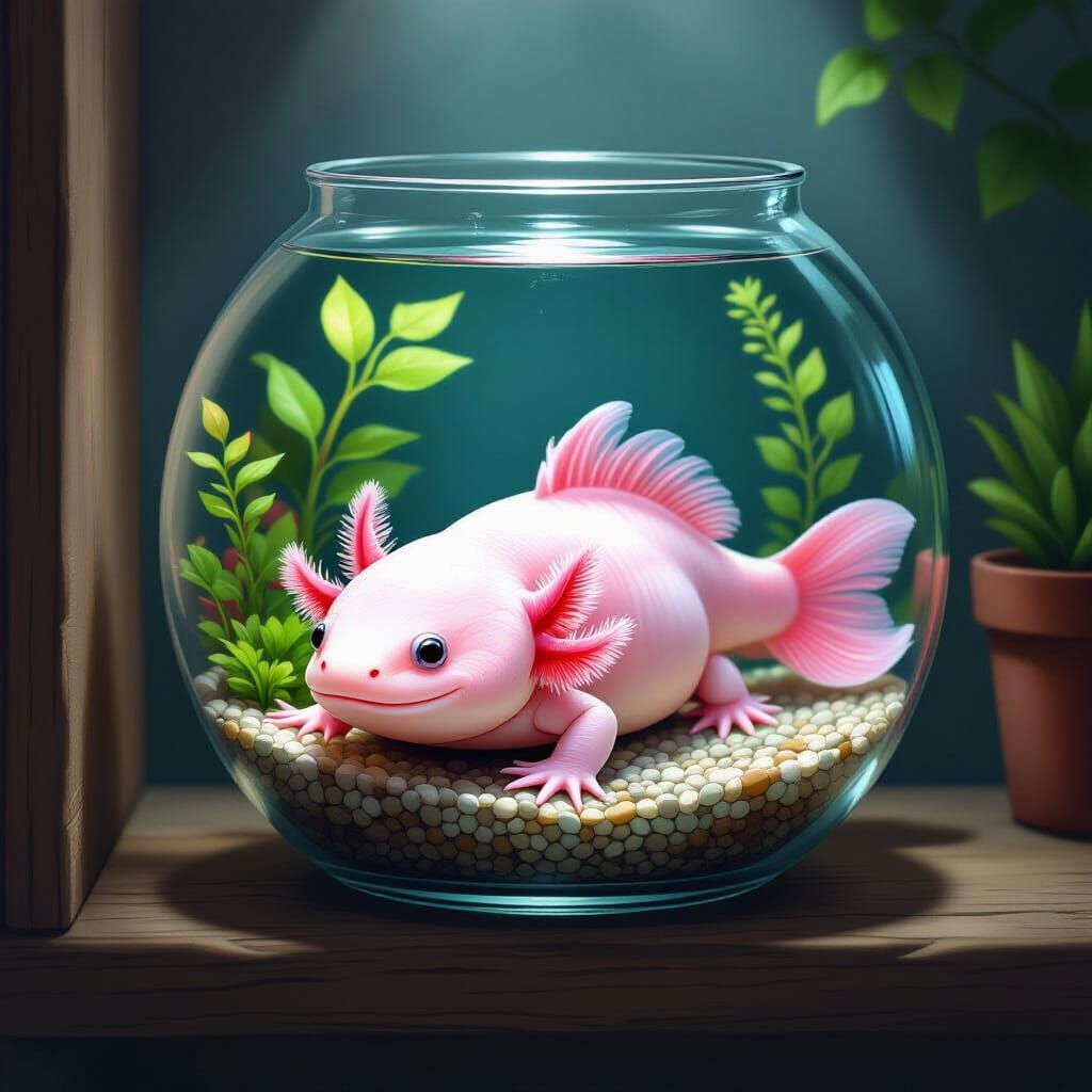 Pink Axolotl Resting in Aquatic Plant Tank