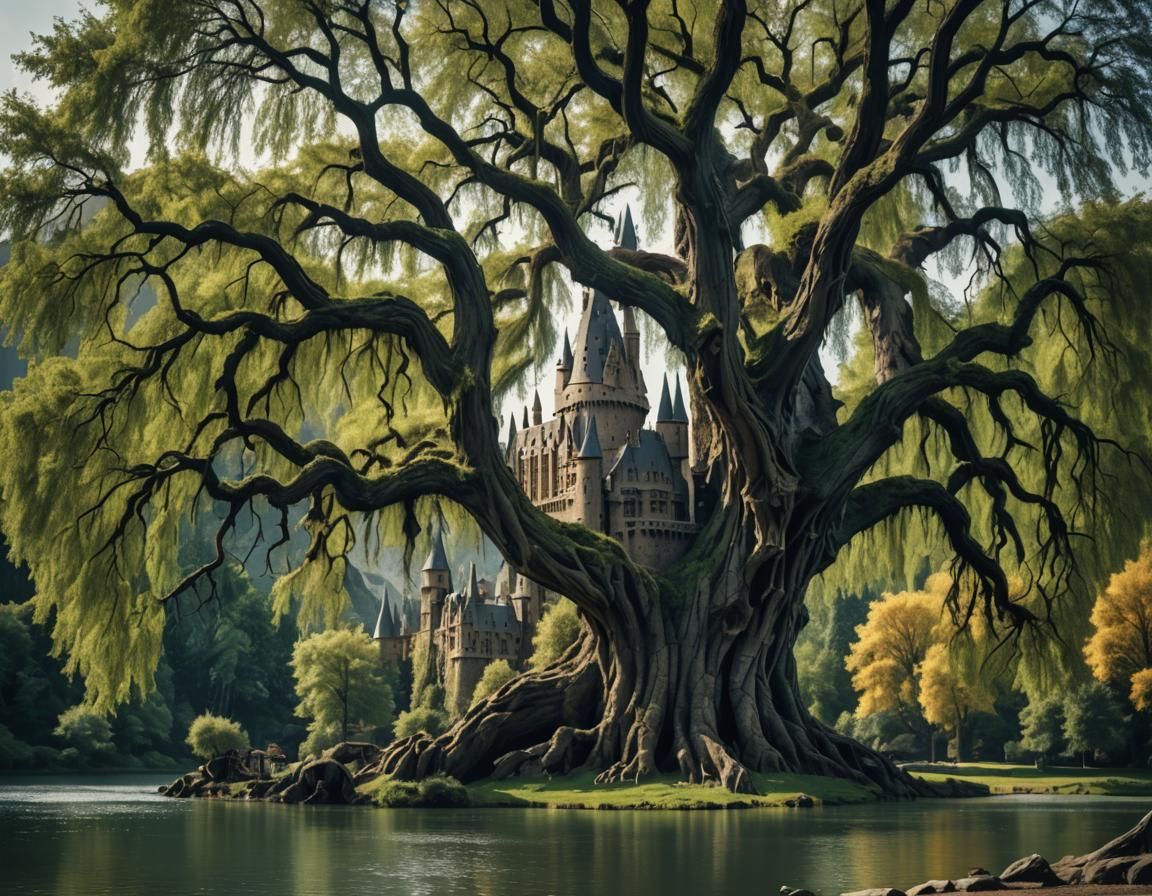 Hogwarts castle and whomping willow