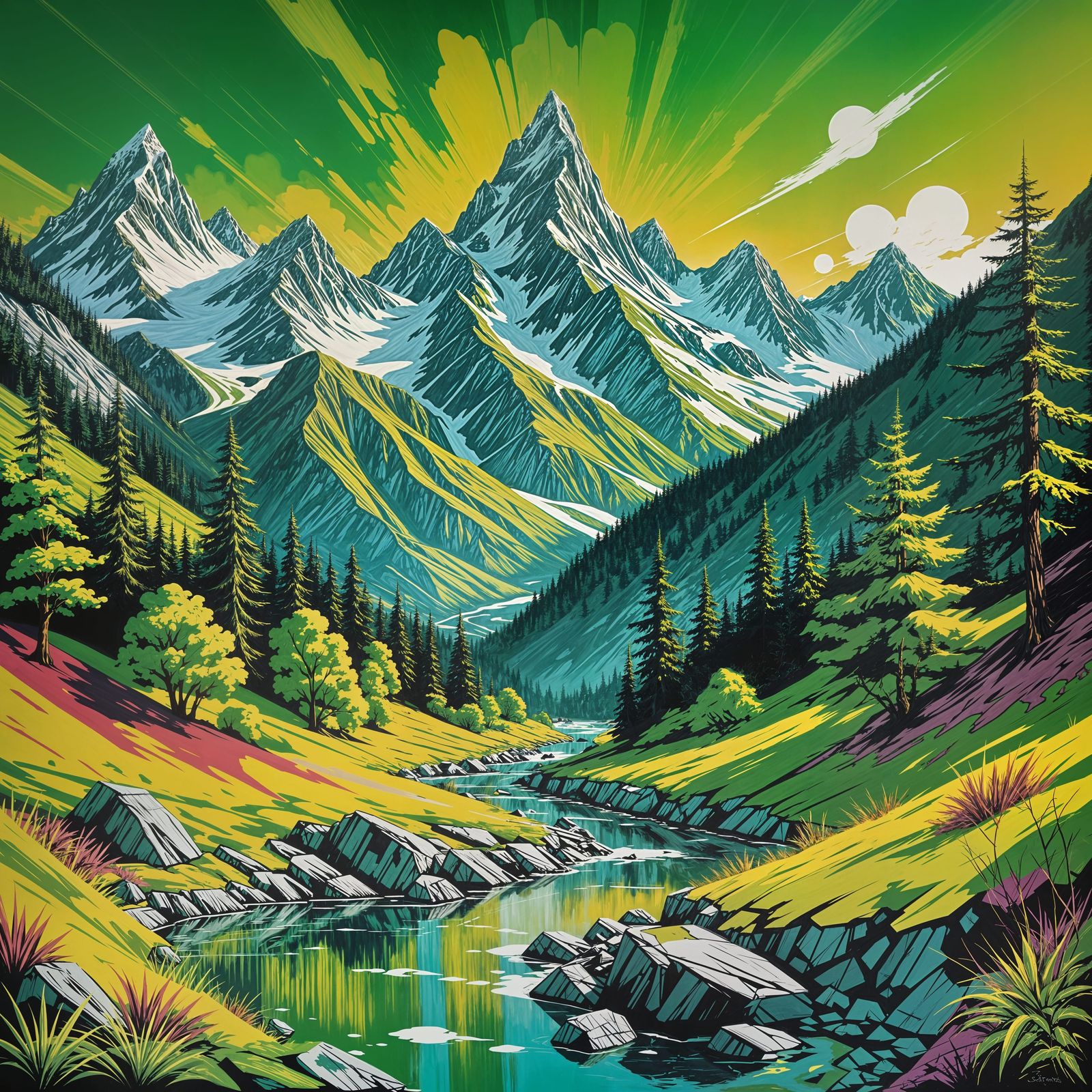 Colorful Mountains in Graffiti Splash Art Style