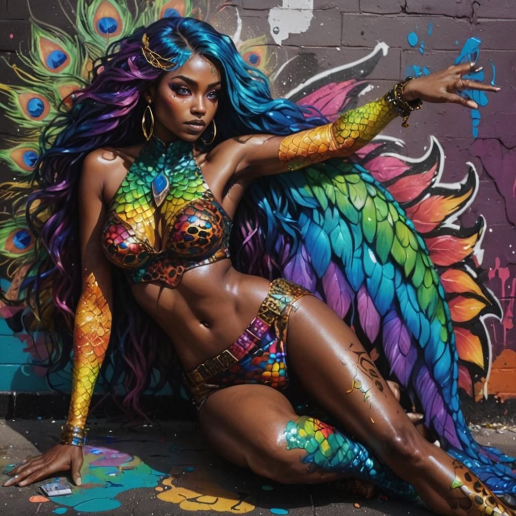 Colorful Dragon Scale Woman in Graffiti Art Style