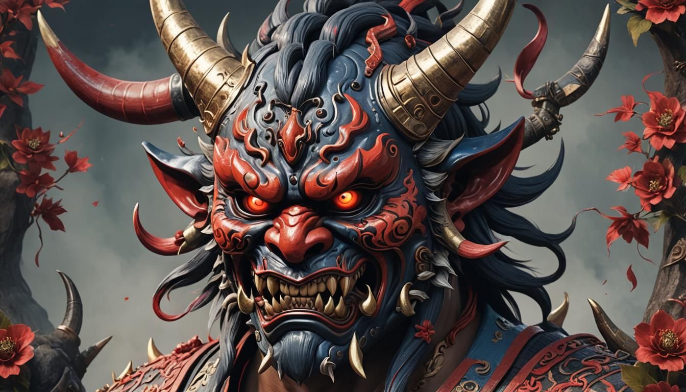 Detailed 3D Render of a Hand-Painted Oni Mask