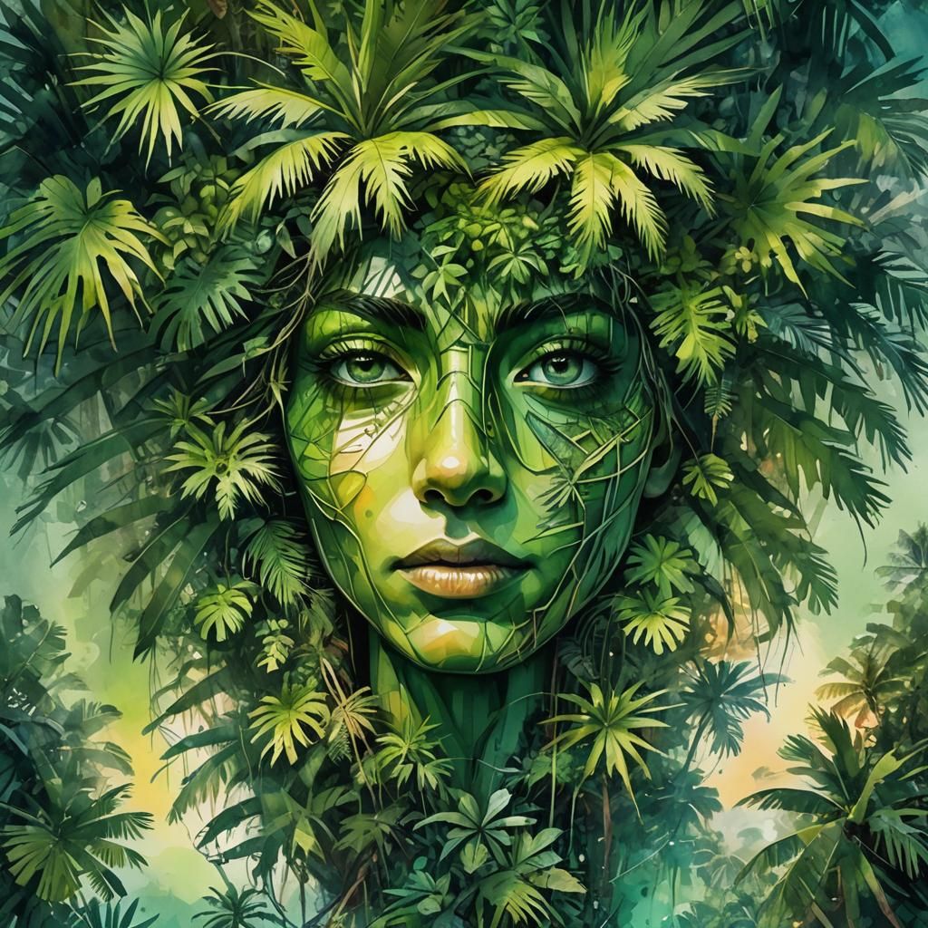 Jungle Island Face: Digital Watercolor Art