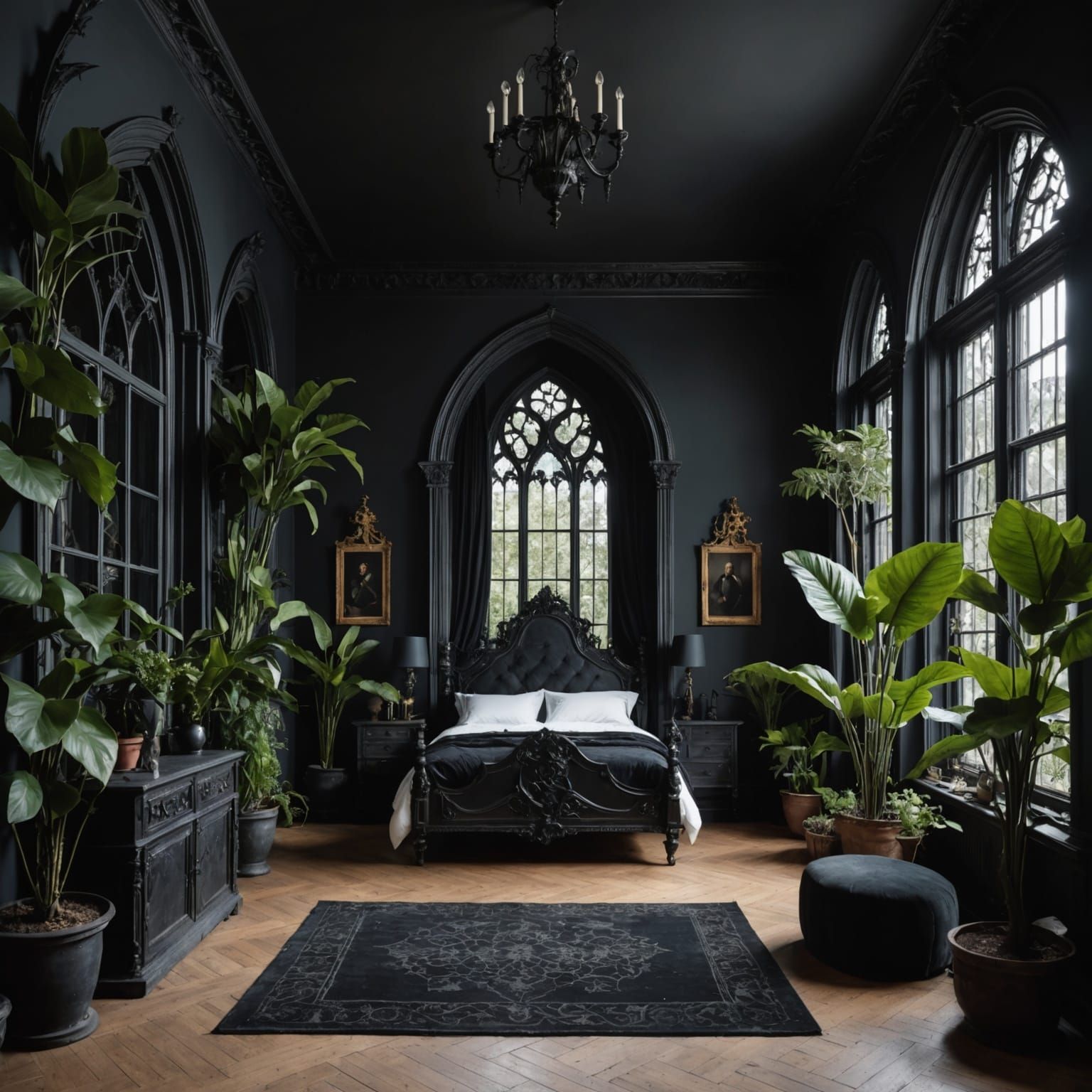 Gothic Bedroom with Dark Plants