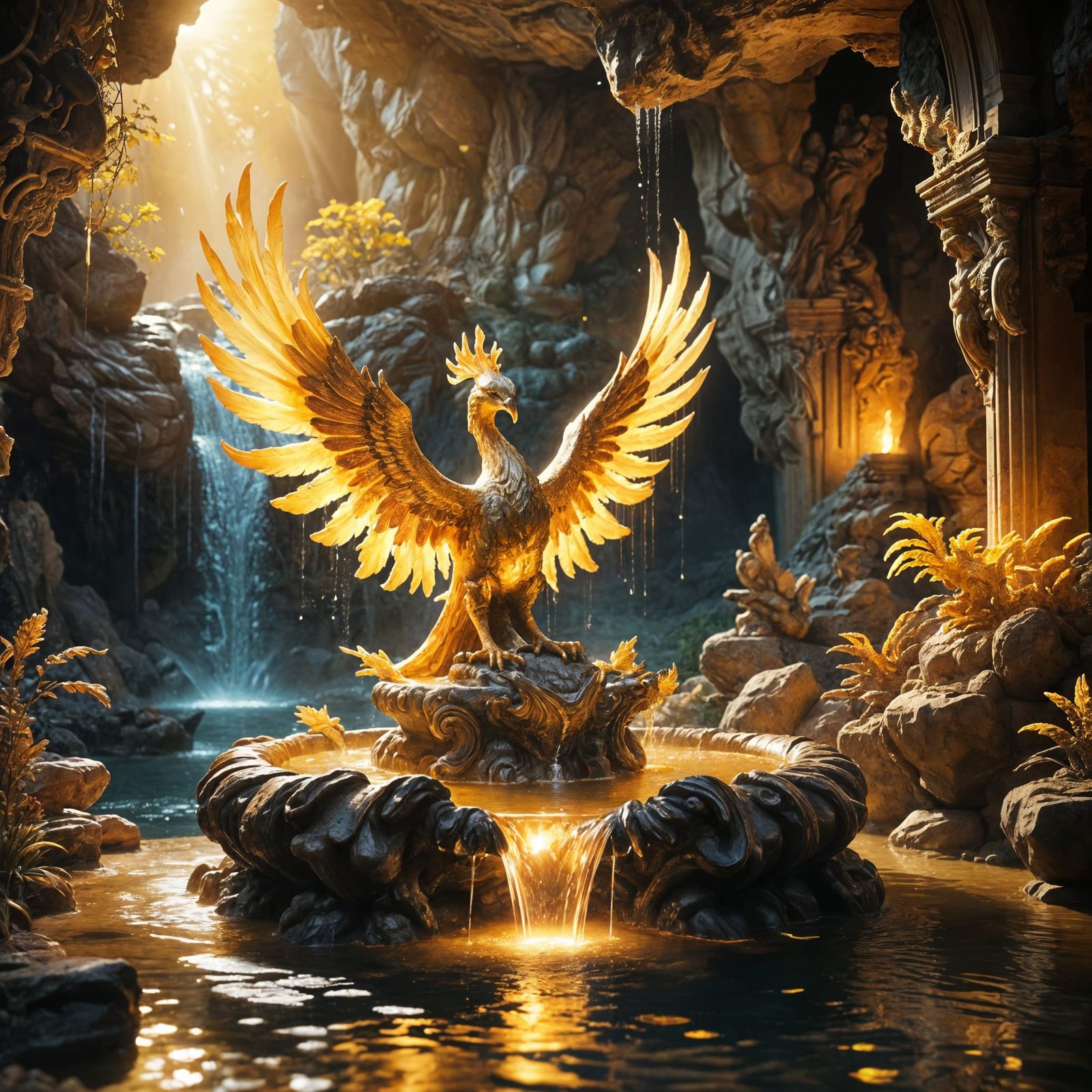 Ornate Phoenix Fountain in a Hidden Cave
