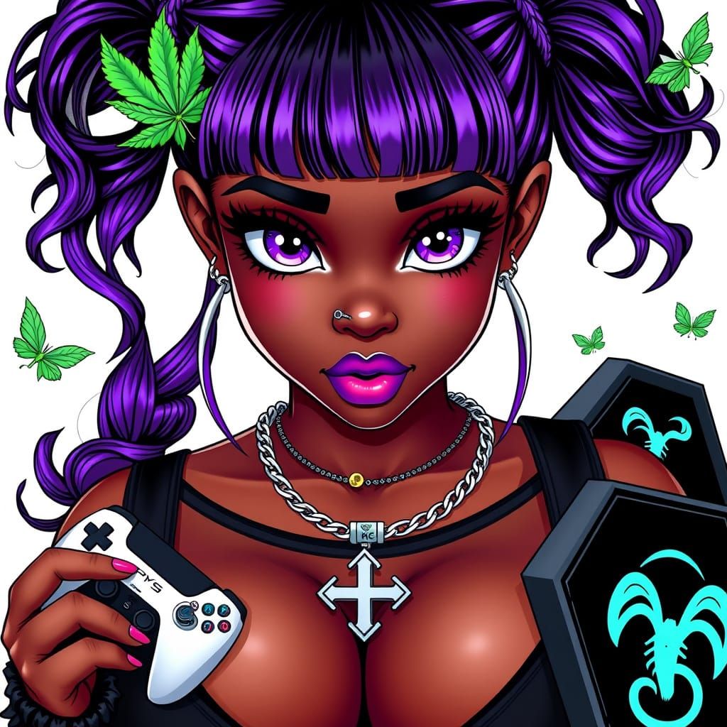 Kawaii Gothic Woman with Cannabis Piercing