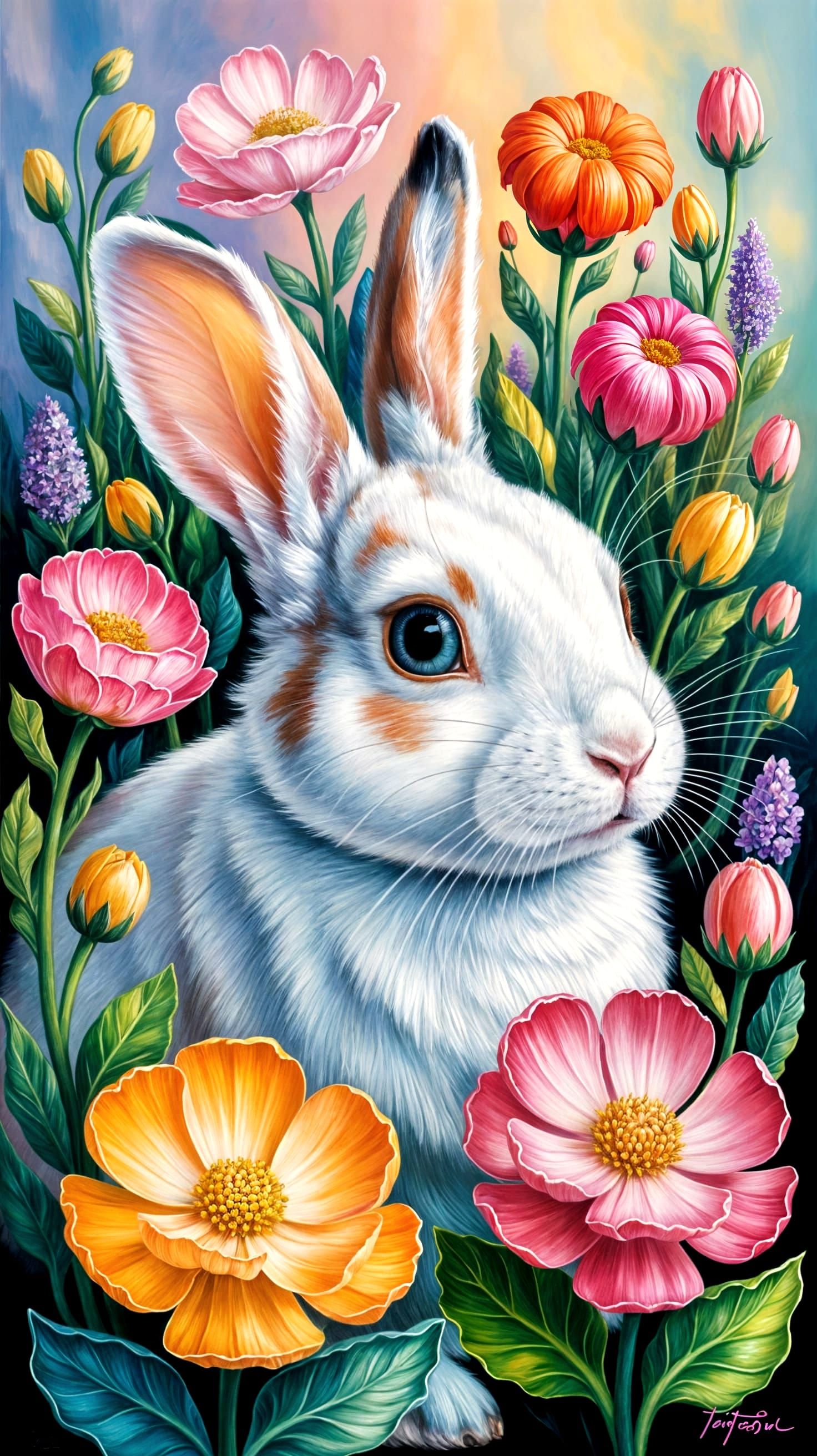 Rabbit in Floral Oil Painting