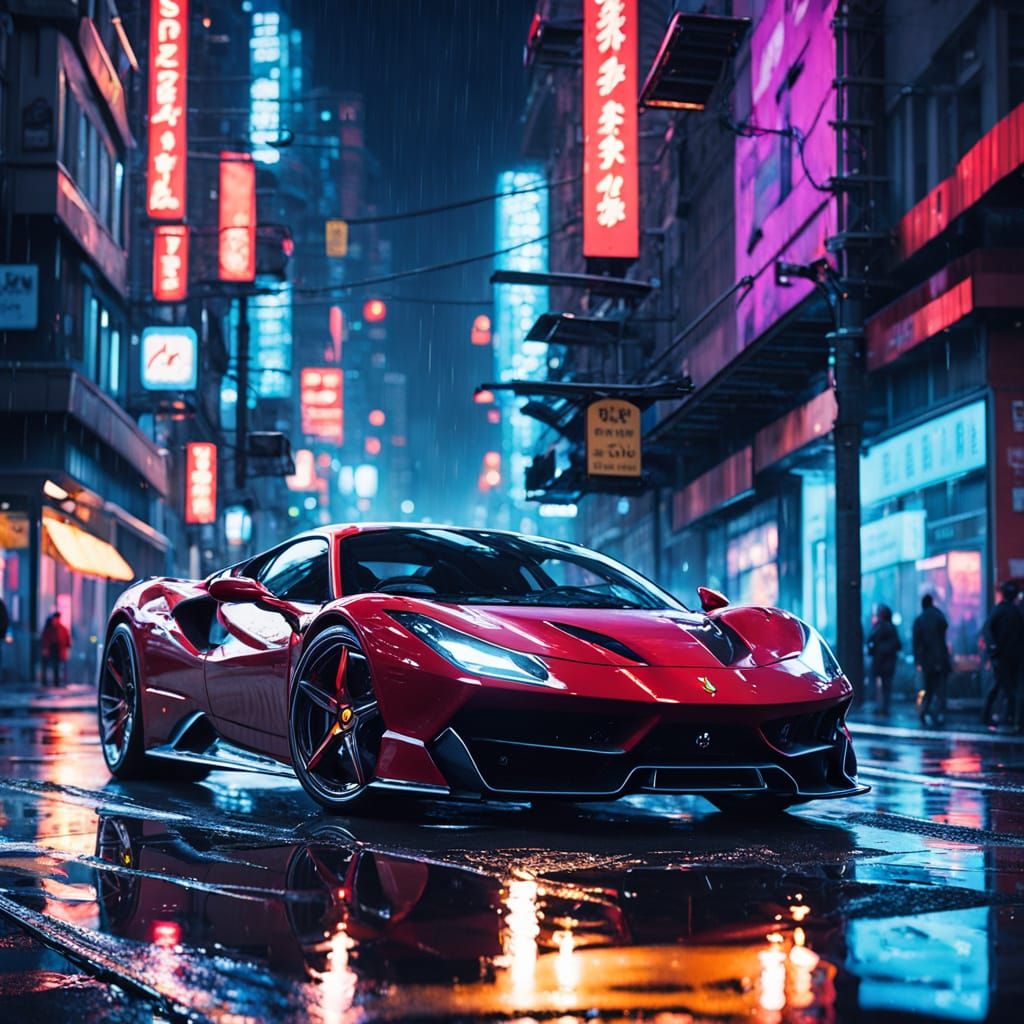 Cyberpunk Ferrari Purosangue Speeds Through Neon City Street...