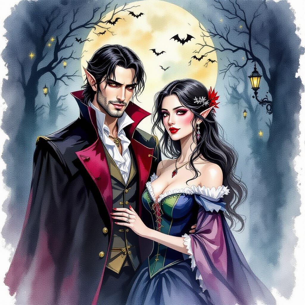 Vampire Couple in Watercolor Style