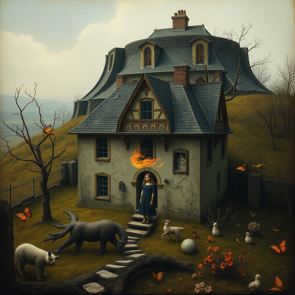 Girl Arrives at House in Surreal Digital Art