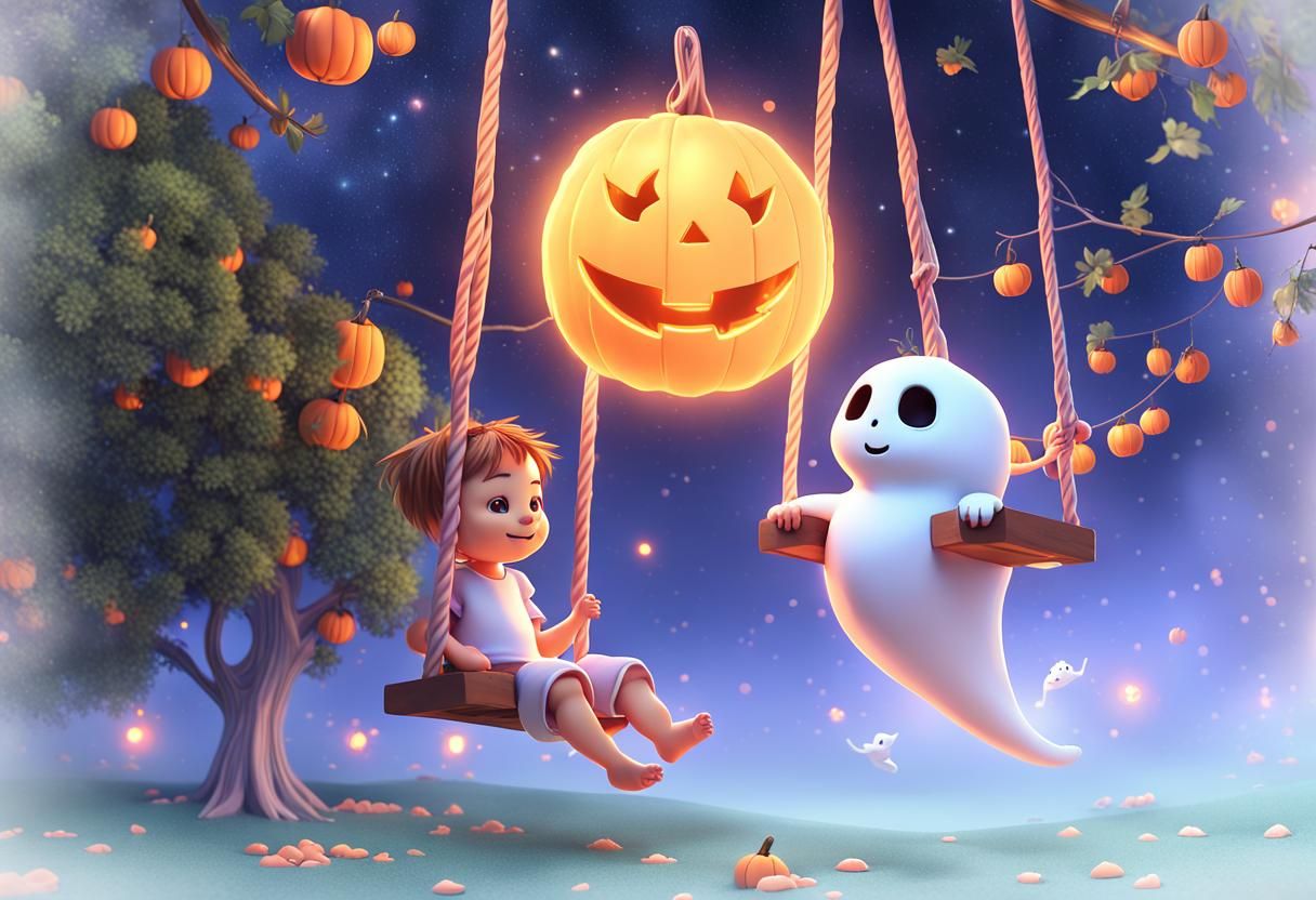 Baby Ghost in Garden with Jack-o'-Lanterns