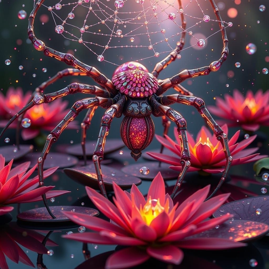 Jewel-Encrusted Spiderweb Over Red Lilies: 3D Render