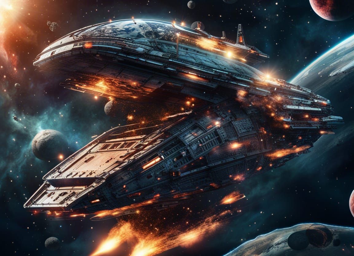 Hyperrealistic Spaceship Soaring Through Explosive Galaxy