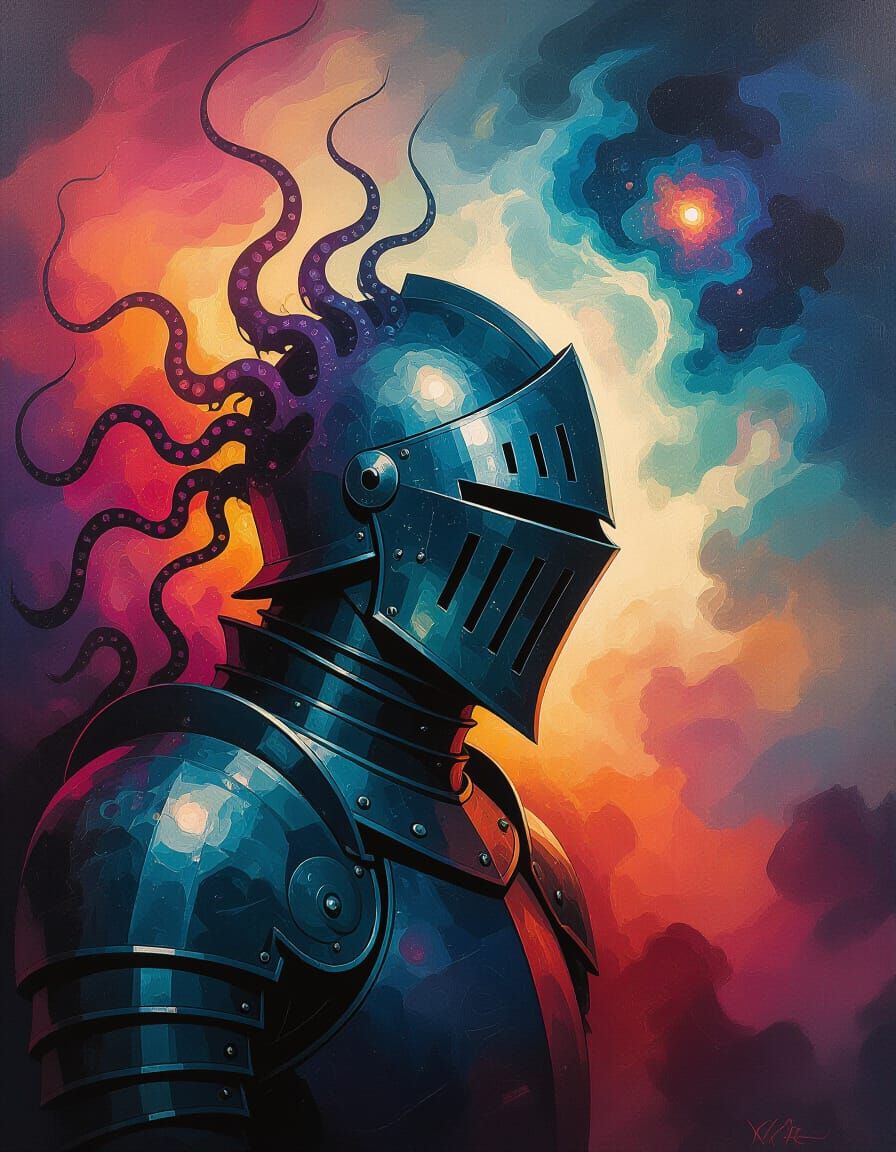 Knight's Helmet Dissolving into Cosmic Horror in Nebula