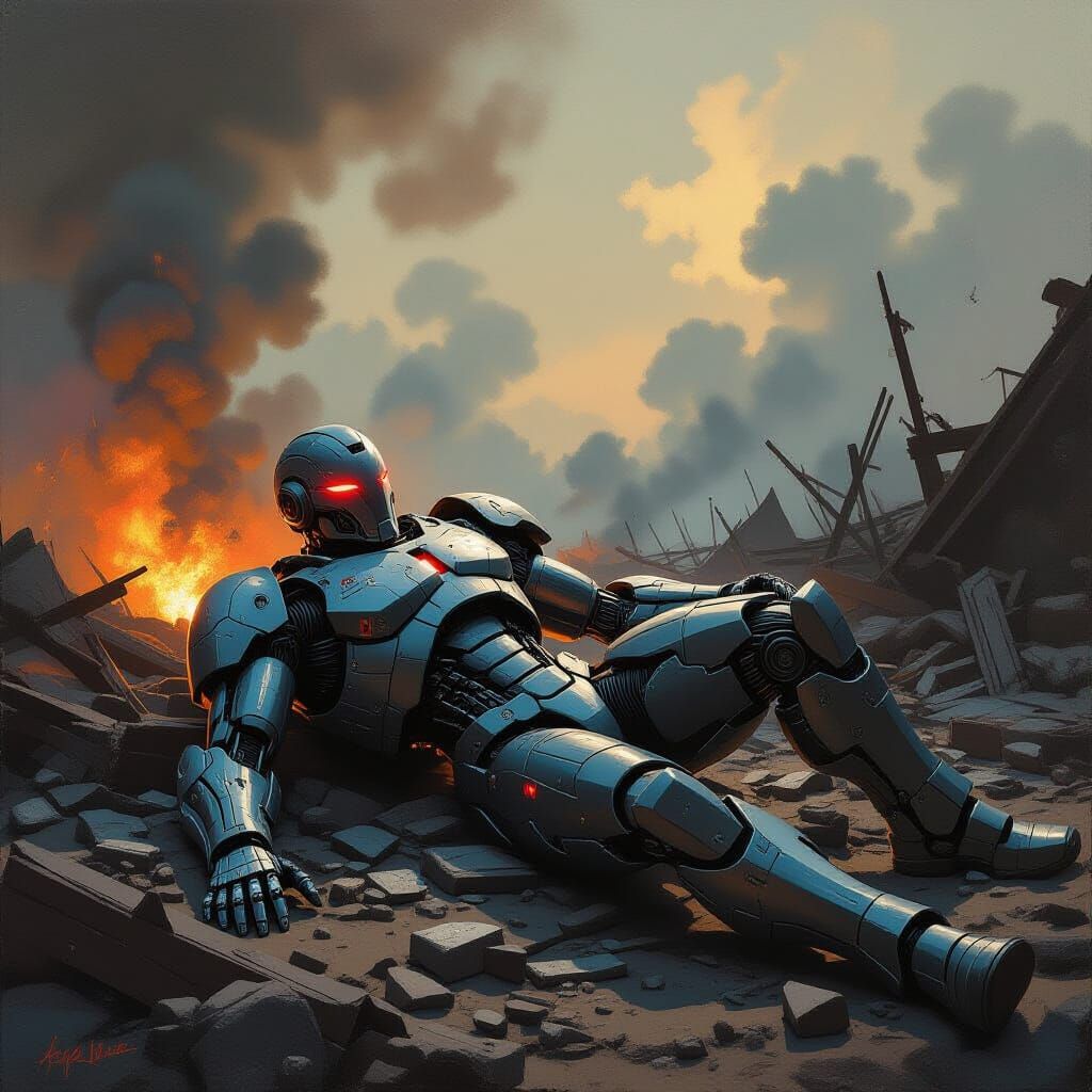 Defeated Cyborg Warrior in Fiery Battlefield