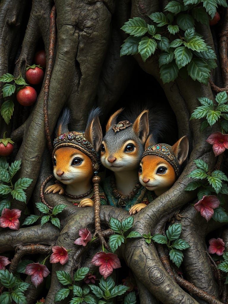 Elves, Squirrels and Fairies Hidden in Tree Roots