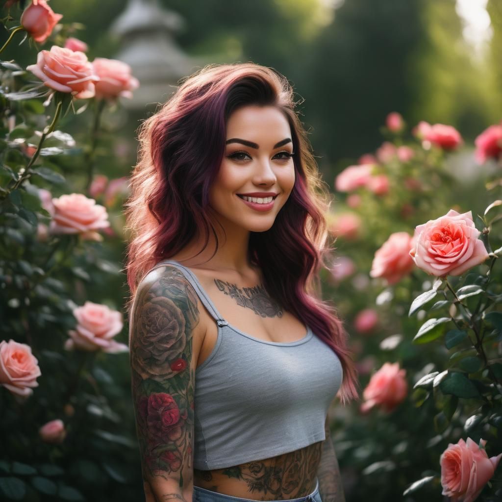 Tattooed Girl Smiling in Rose Garden Portrait